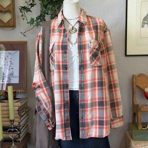 Chunky Orange Plaid Cotton Button Up Shirt Distressed Indie Grunge M Baggy